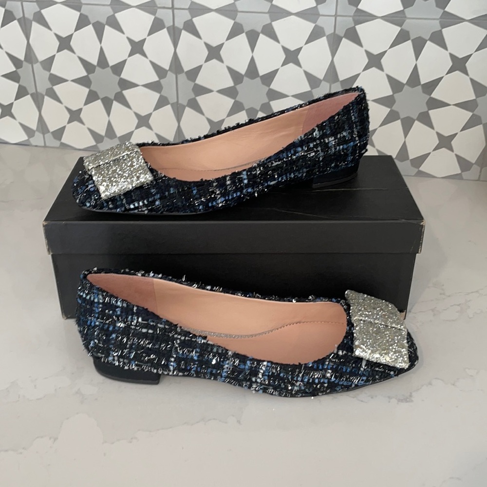 J. Crew Poppy Tweed flats with Silver Sparkle bow